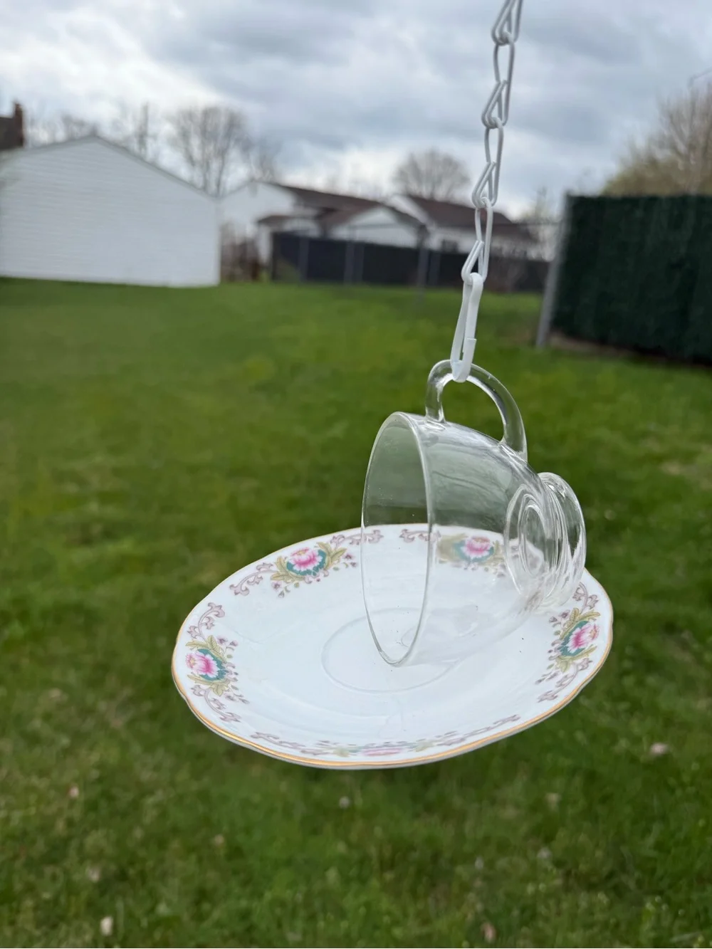 Hanging Teacup Bird Feeder in Clear Glass and Floral White